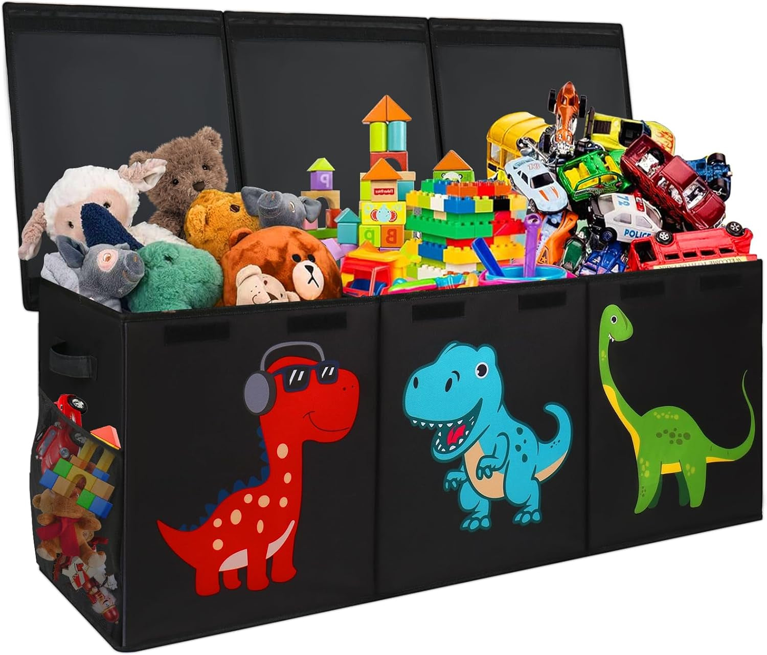 Three-compartment black toy chest with dinosaur prints, lids open and filled with stuffed animals and toy cars