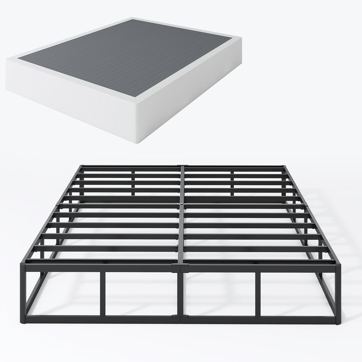 Composite image: floating mattress corner above a full slatted metal frame seen from the foot end.