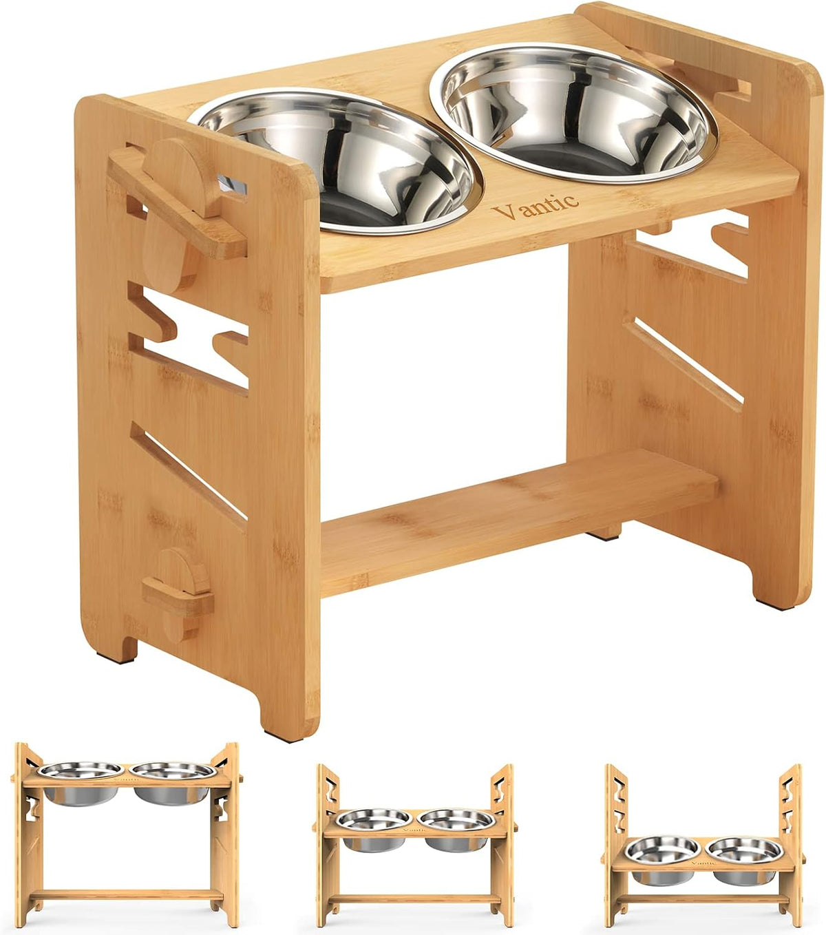 Natural bamboo double bowl stand shown assembled with two stainless bowls and three height views below