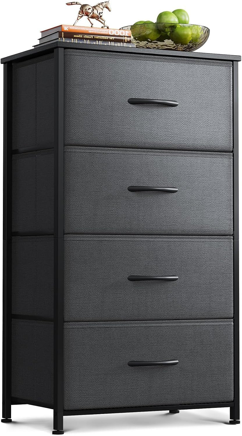 Front view of a narrow four-drawer charcoal fabric dresser with a black steel frame, wood top, and a bowl of green apples.