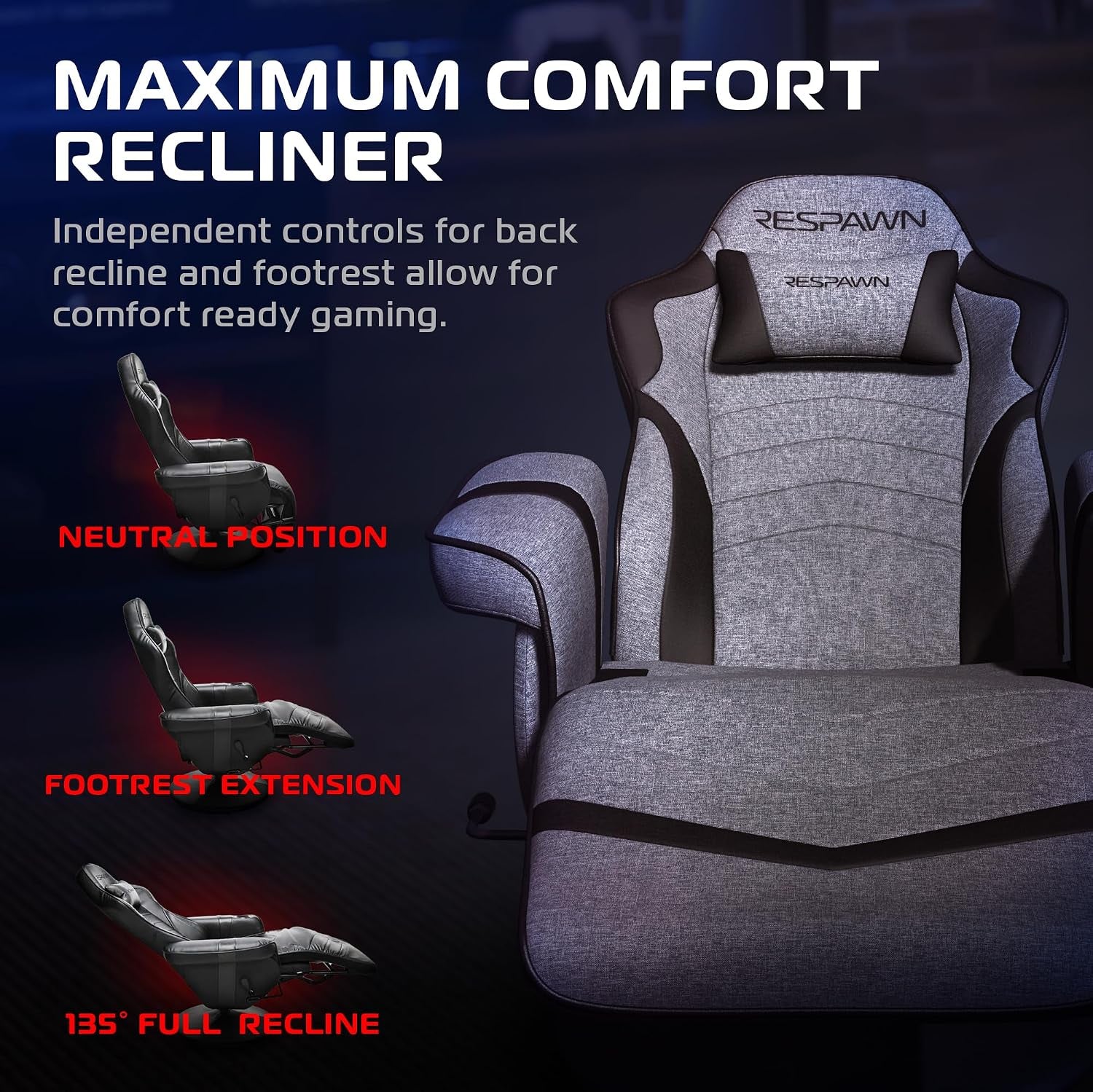 Top-front view of recliner seat and extended footrest illustrating recline positions