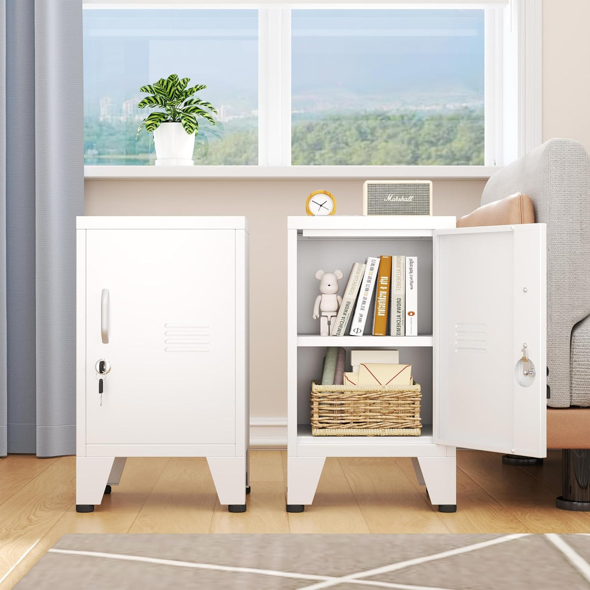Two white lockers side-by-side on a floor, one open to show two interior shelves with storage items