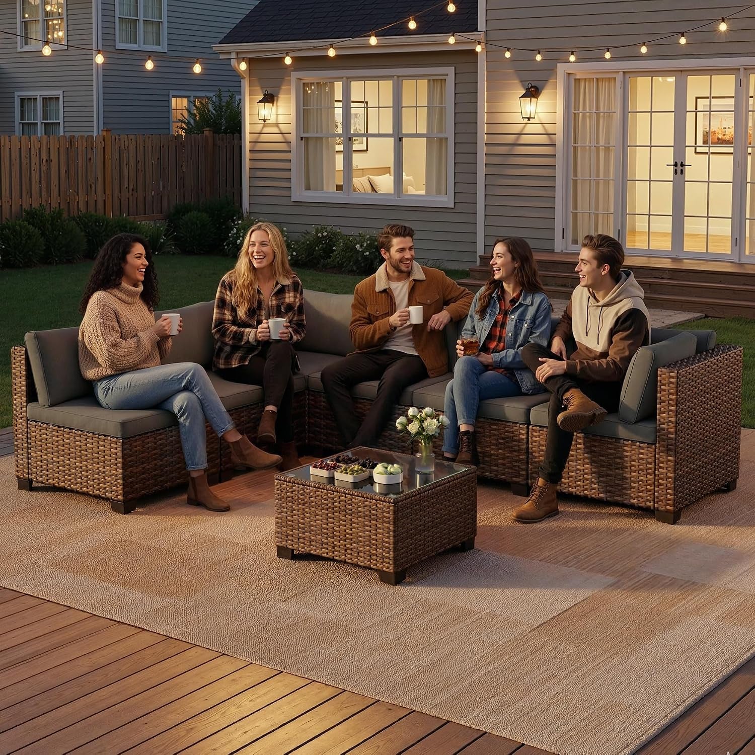 Evening backyard scene of the sectional with five people seated around the coffee table under string lights