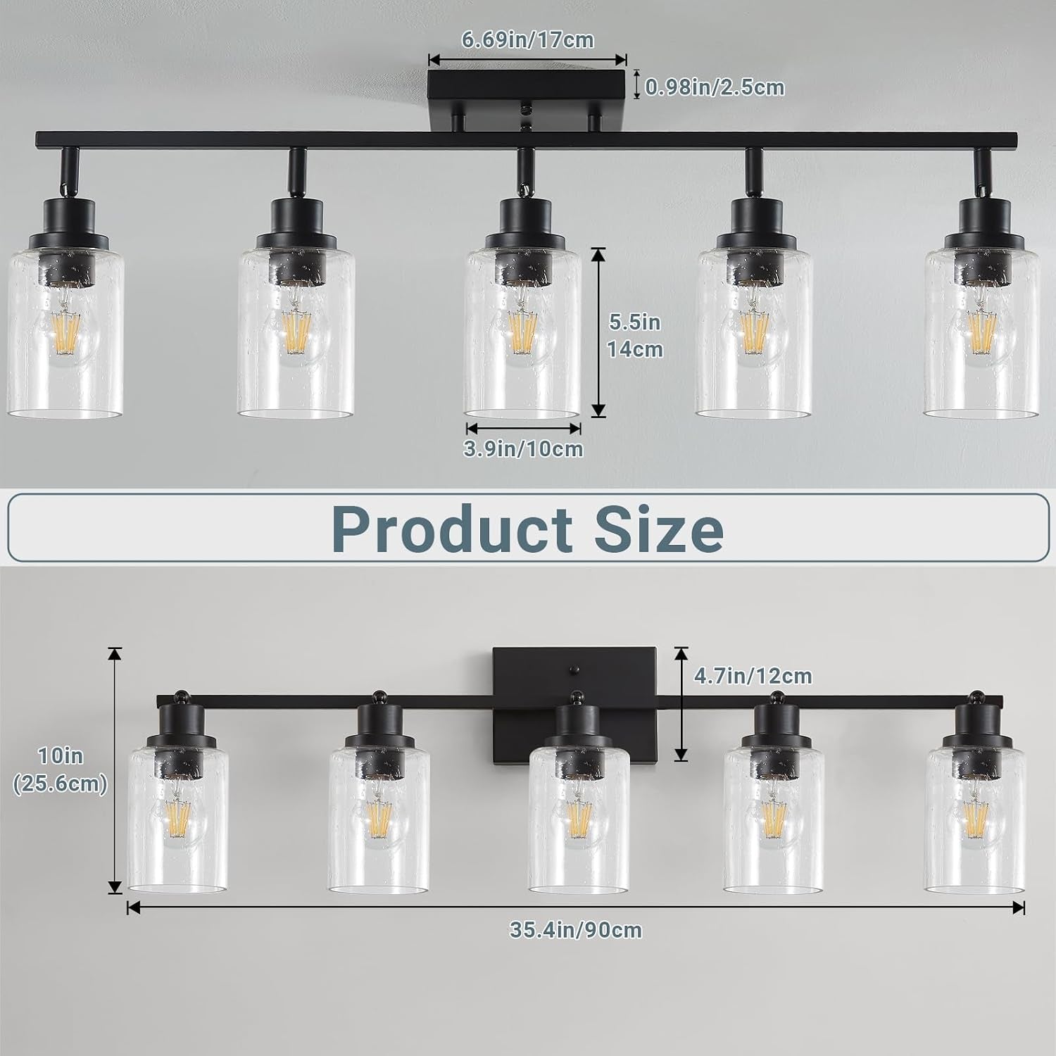 Graphic showing the five-light track fixture with seeded glass shades and an overlaid size illustration