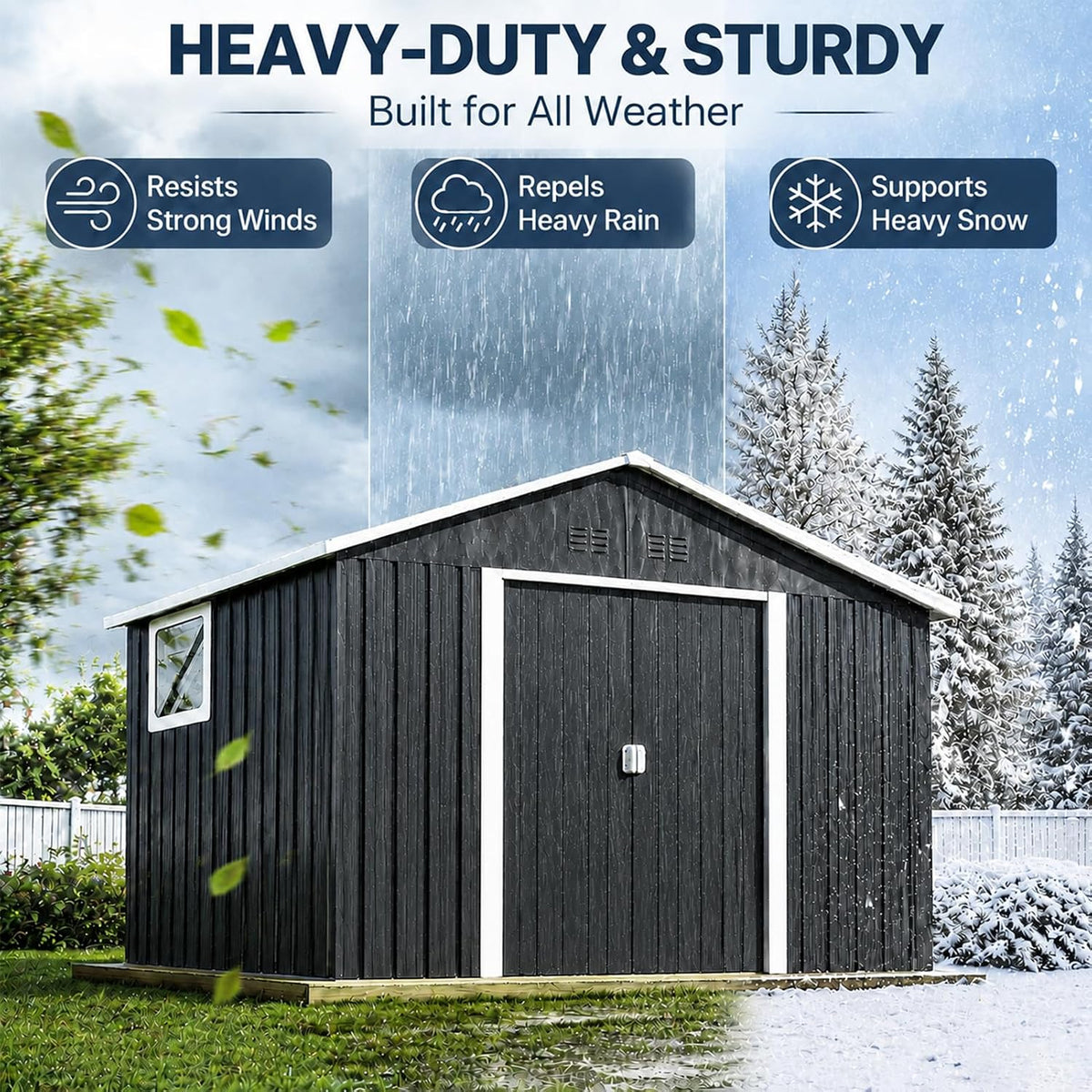 Front view of metal storage shed with white trim shown in a split weather graphic illustrating rain and snow conditions