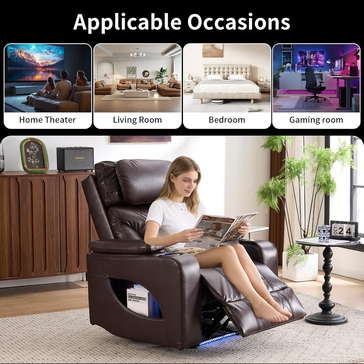 Brown leather power recliner in a living room with a woman reading, footrest extended and blue ambient light underneath.