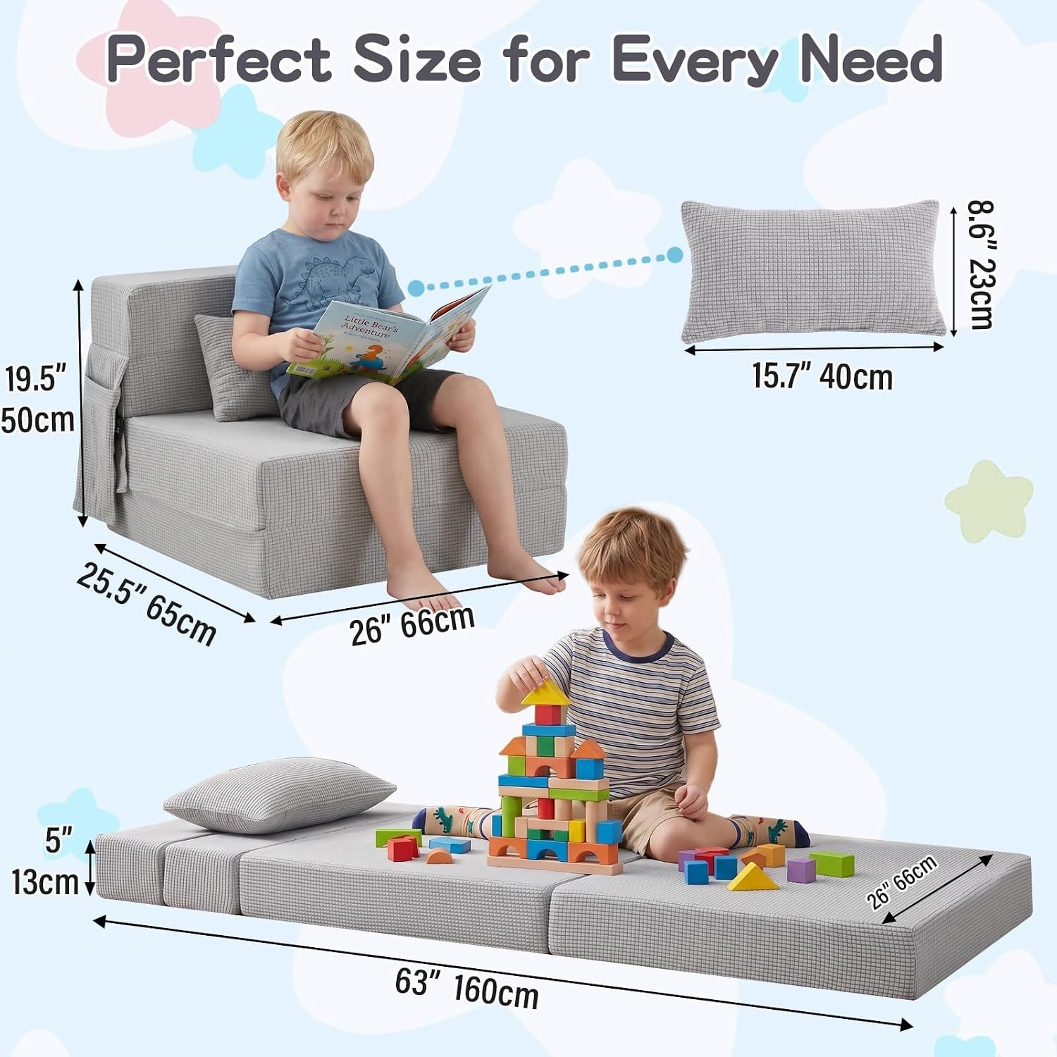 Illustration of the mattress unfolded with a child and arrows showing overall length and width and a separate pillow