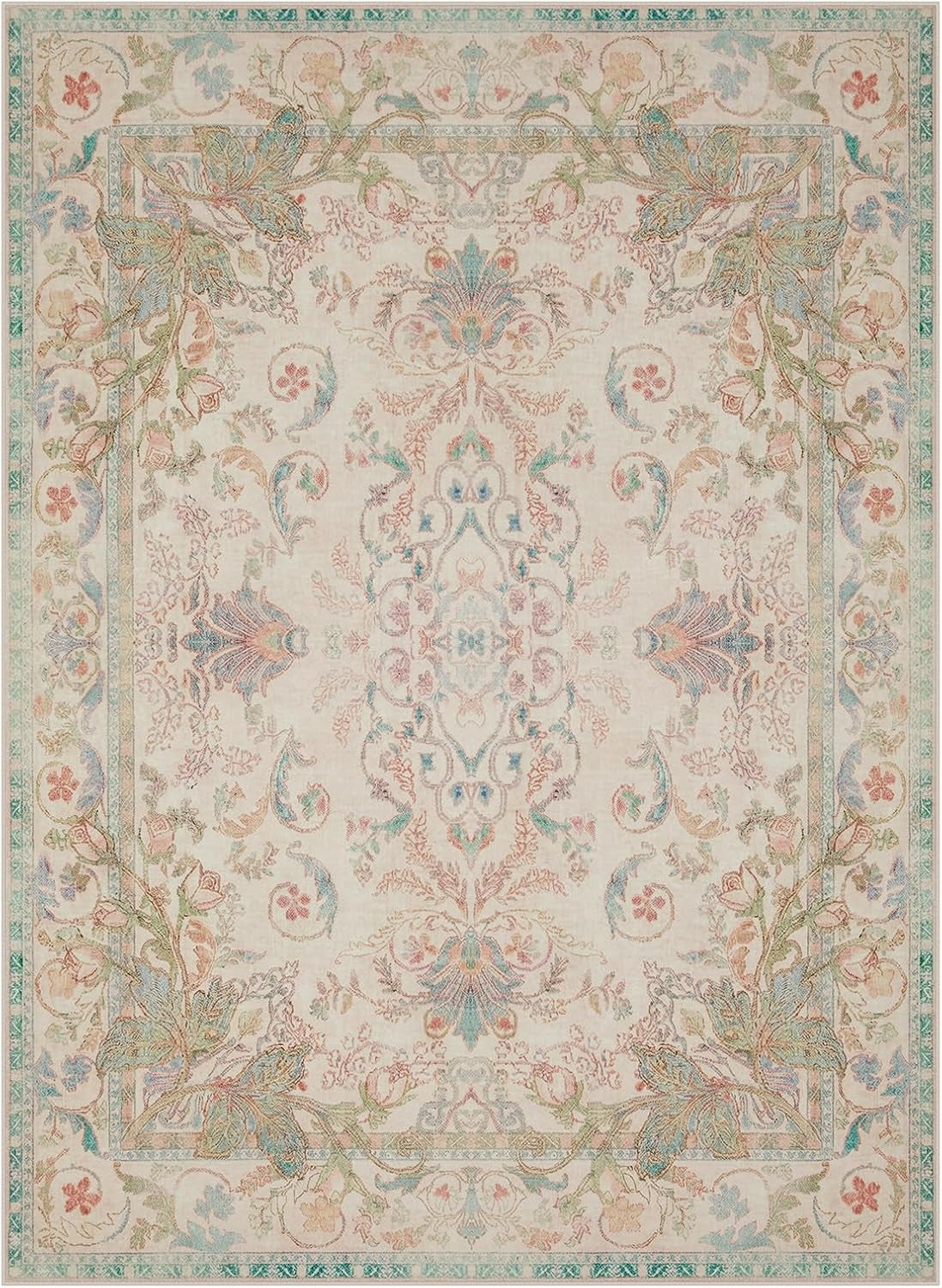 Top-down view of the full symmetrical medallion and vine border pattern on a beige background rug
