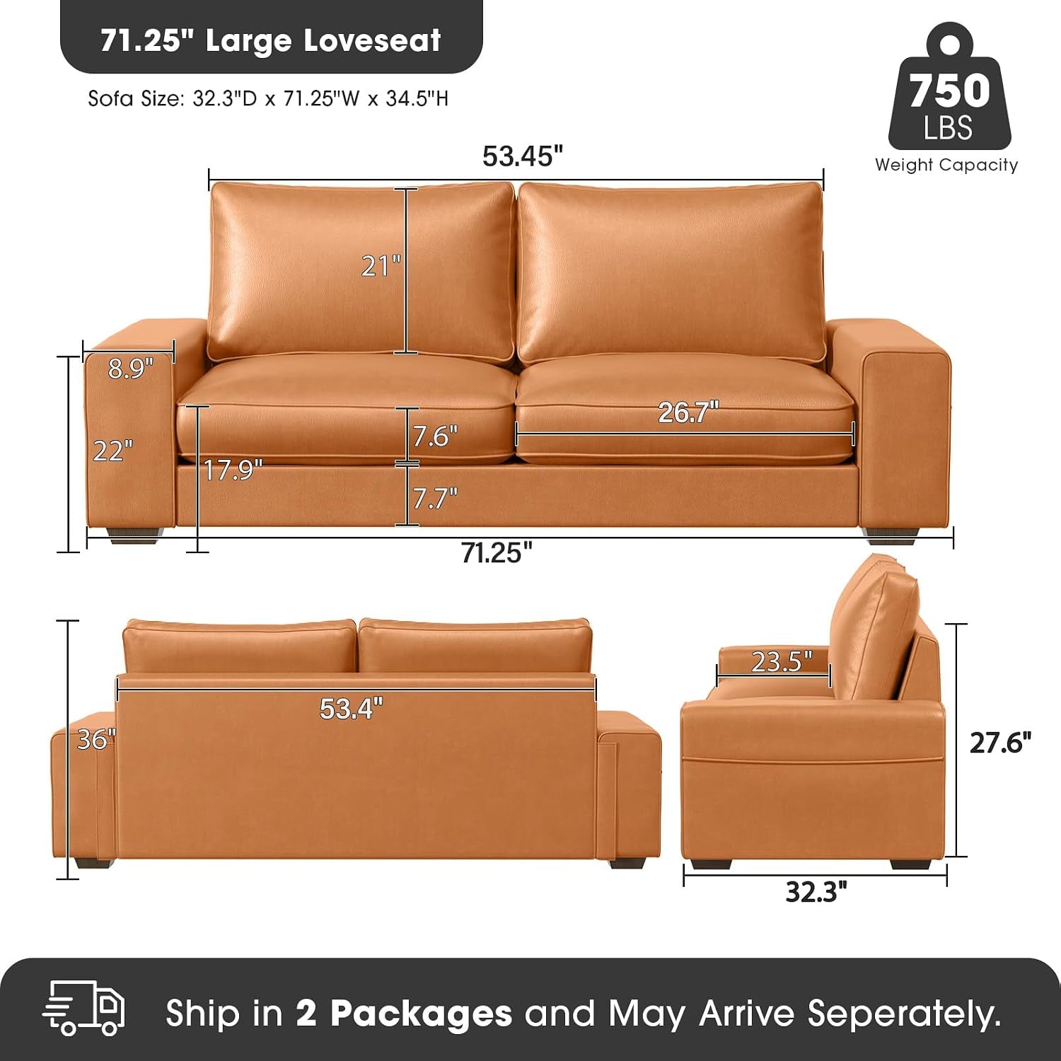 Front, back and side diagram of the brown loveseat showing measurements and a 750 lb weight capacity icon.