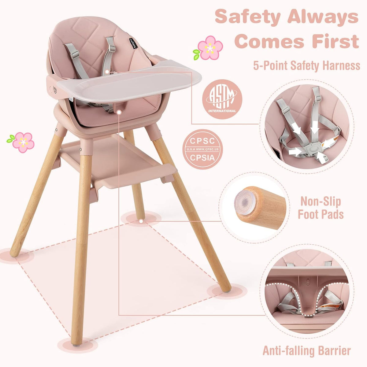 Front three-quarter view of a pink convertible high chair highlighting harness, tray, footpad and wooden legs.