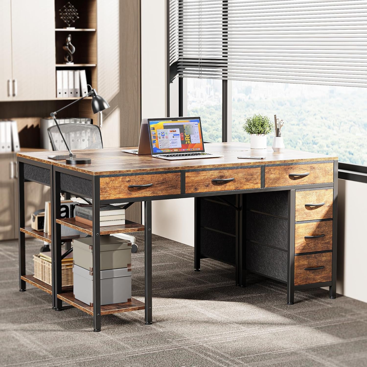 Office setting showing the desk from an angle with left stack of fabric drawers and right two open shelves