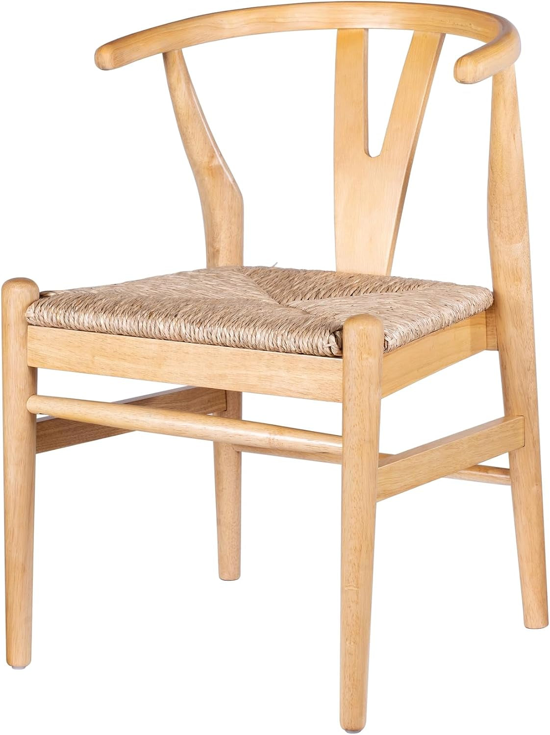 Side-angled close-up of a natural wood wishbone dining chair showing the molded armrest and leg stretchers