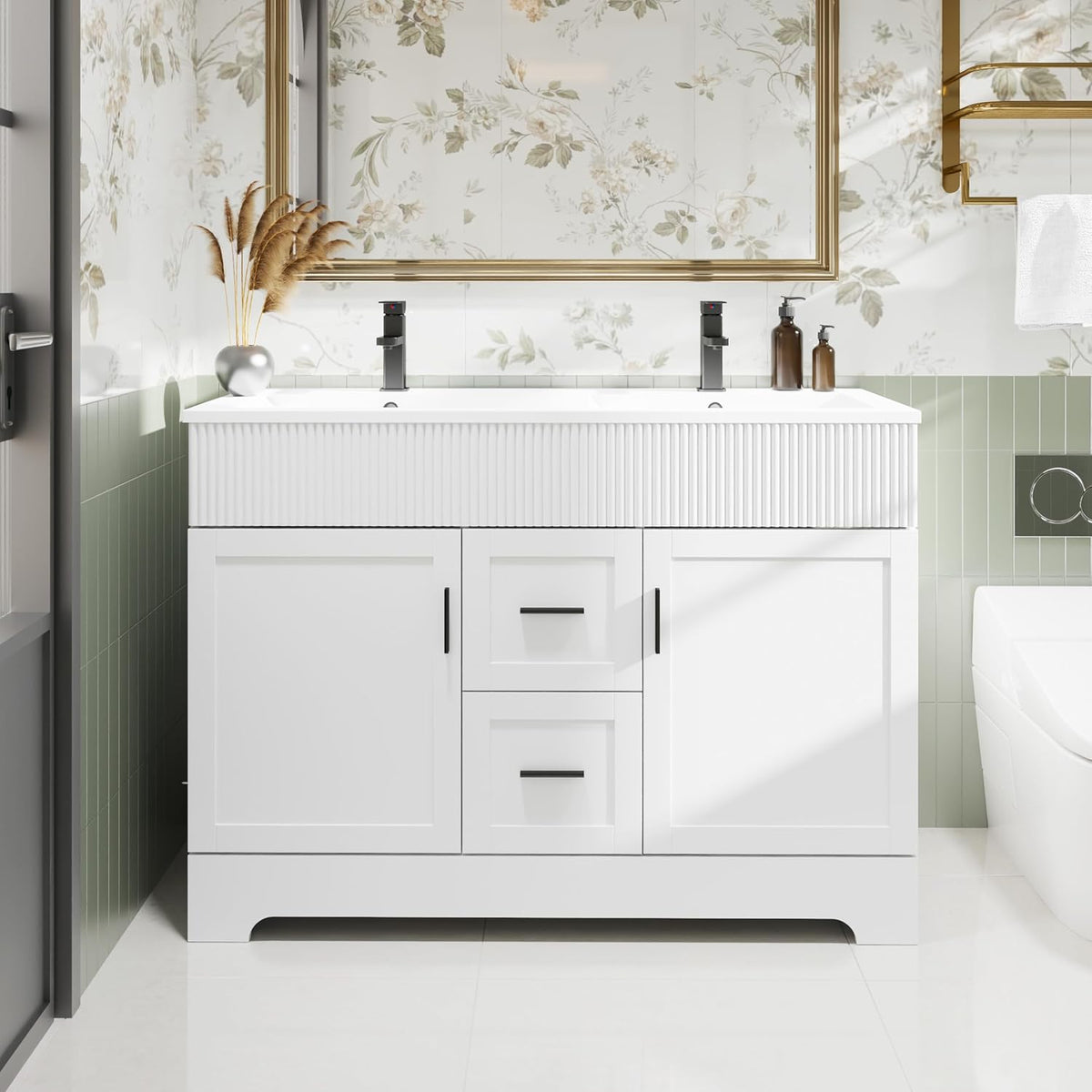 Front view of a wider white double-sink vanity with two black faucets and fluted top detail.