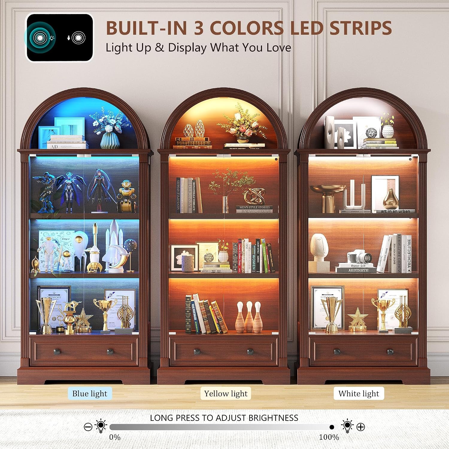 Three arched curio cabinets side-by-side demonstrating built-in LED strips in blue, yellow and white tones