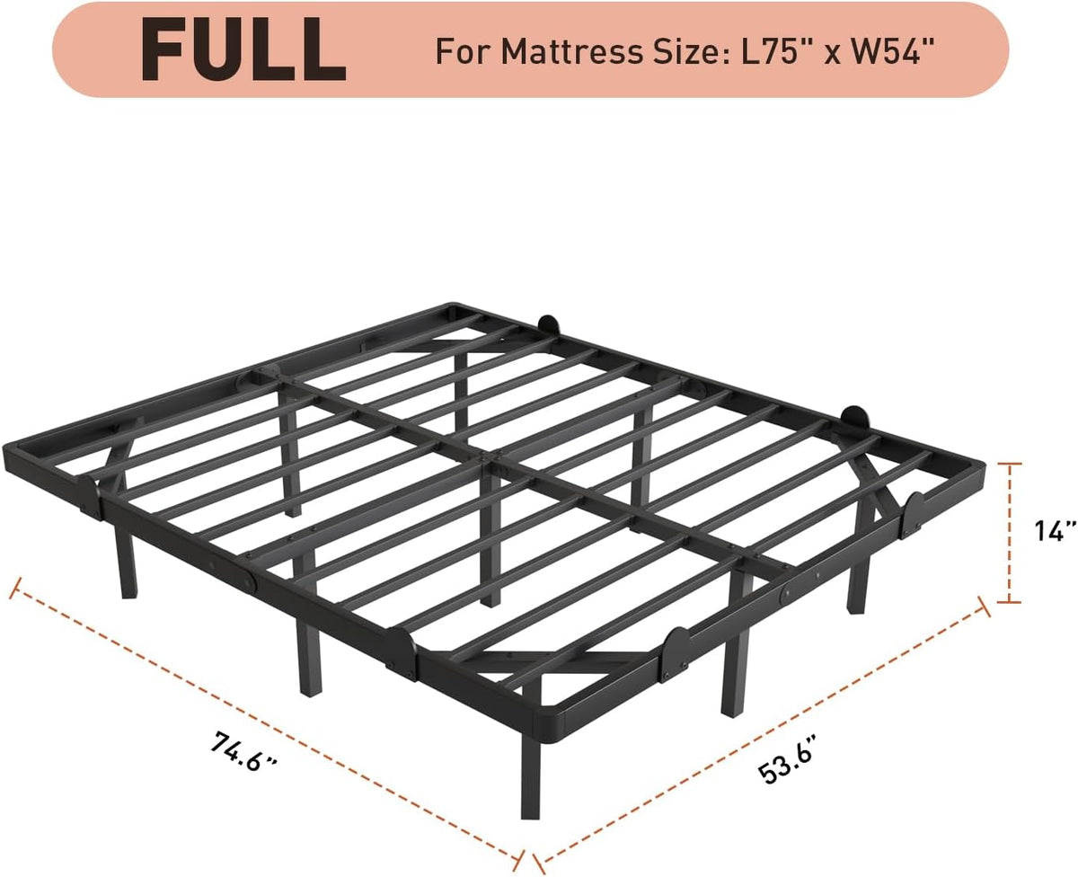 Full-size black metal platform bed frame diagram showing overall dimensions and 14-inch height