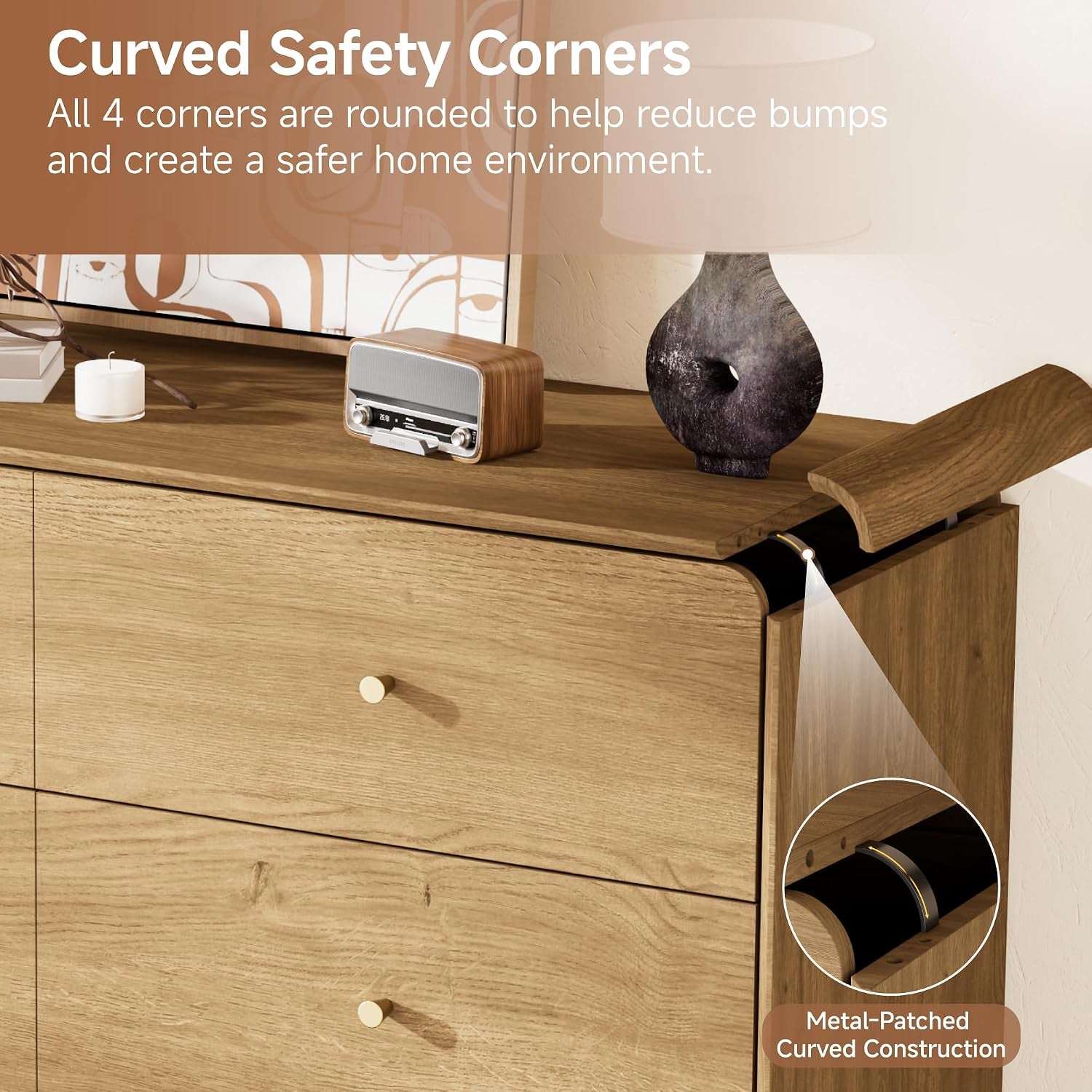 Close detail of curved safety corners and metal-patched curved construction on dresser edge