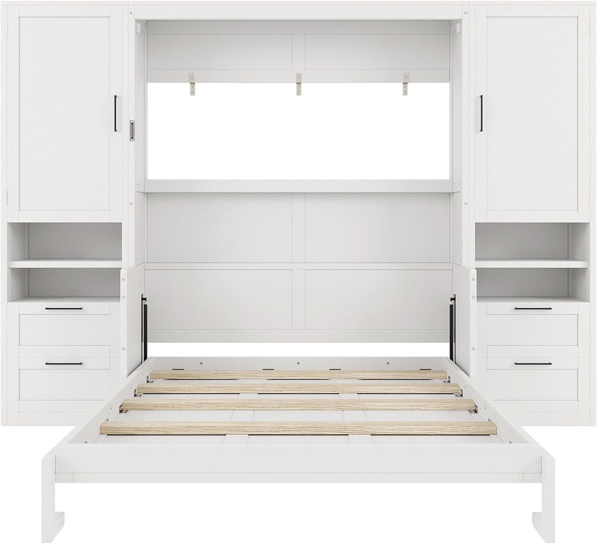 White Murphy wall bed front view showing slatted bed platform and flanking storage cabinets against a plain white background