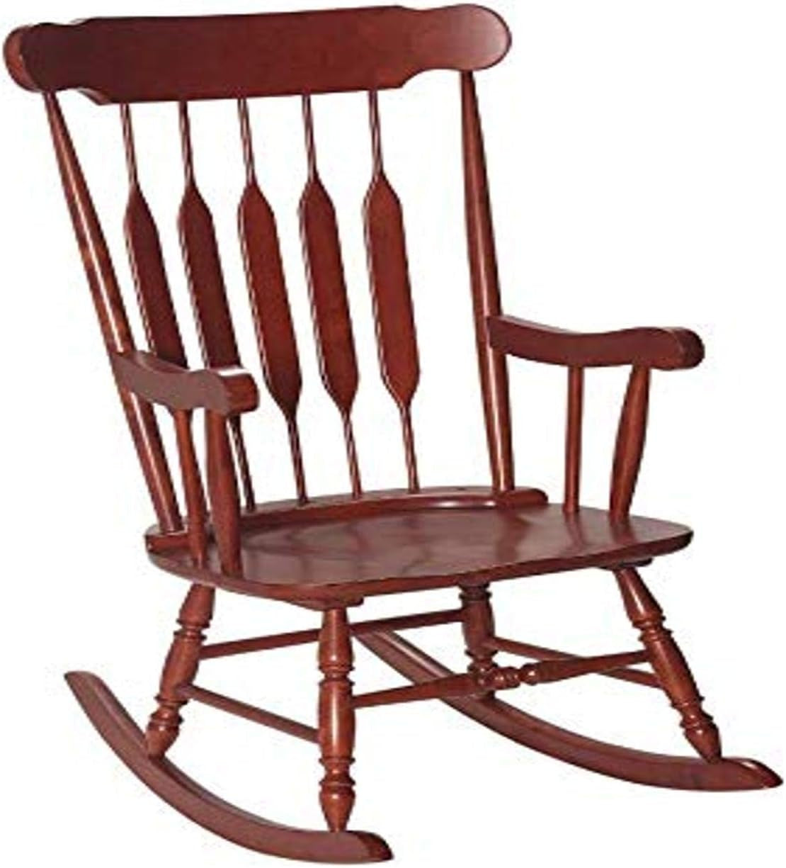 Cherry-finish wooden rocking chair angled view highlighting back spindles, armrests, and rocker runners