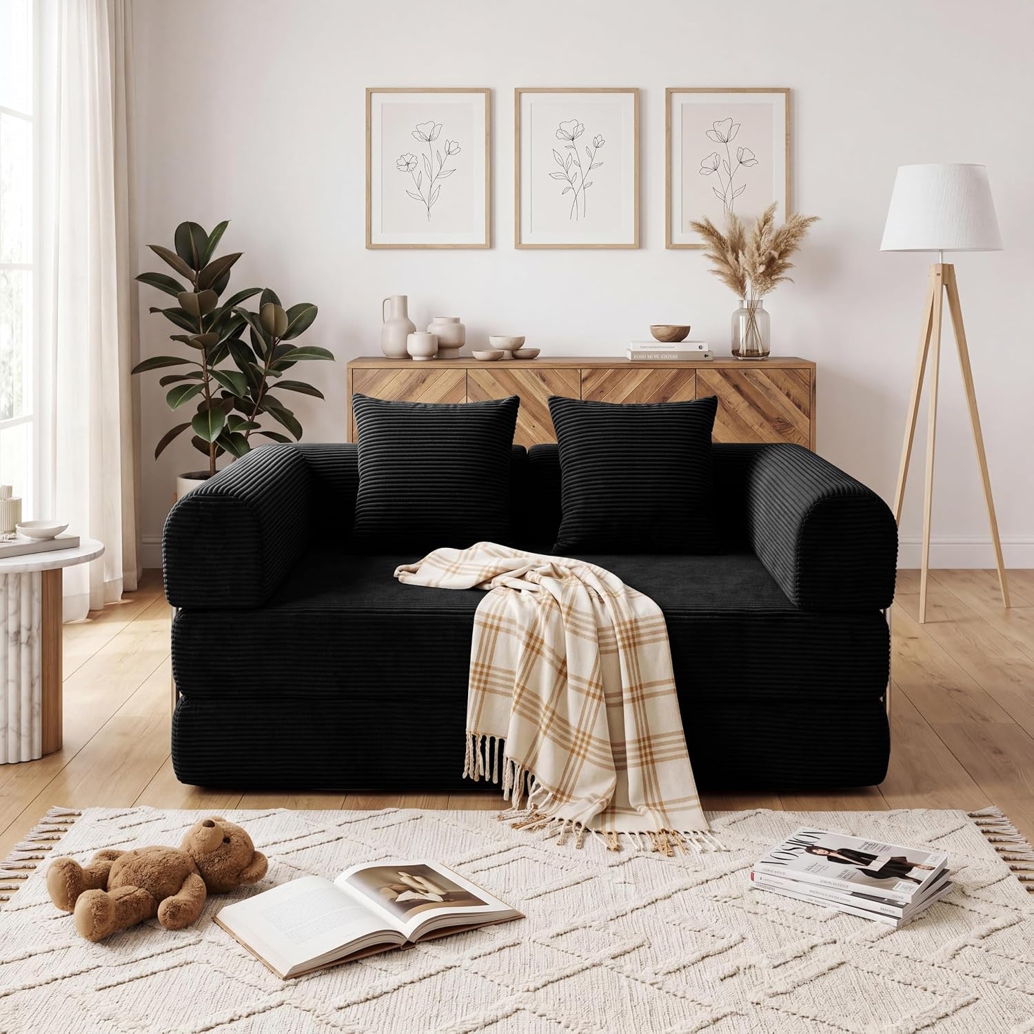 59'' Convertible Compressed Corduroy Folding Cloud Sofa Bed, Modern Boneless Pull Out Loveseat Sleeper in a Box, 4 in 1 Floor Mattress Futon Cloud Couch, No Assembly Needed, Green, 2 Pillows, Queen