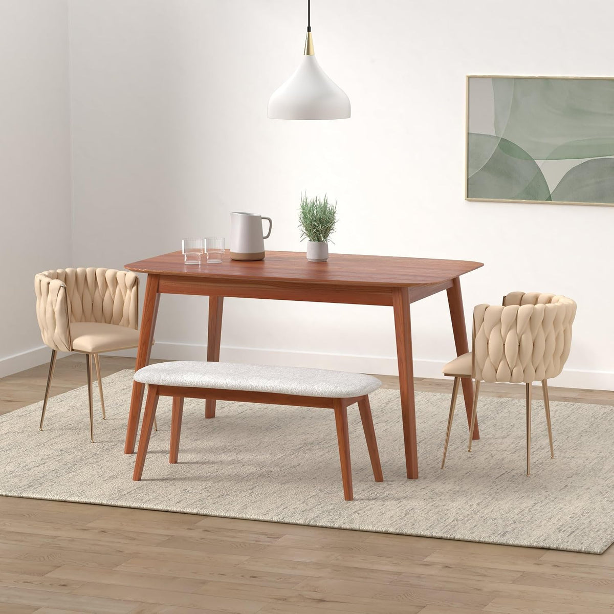 Beige velvet dining chairs at a wooden dining table in a neutral dining room setting