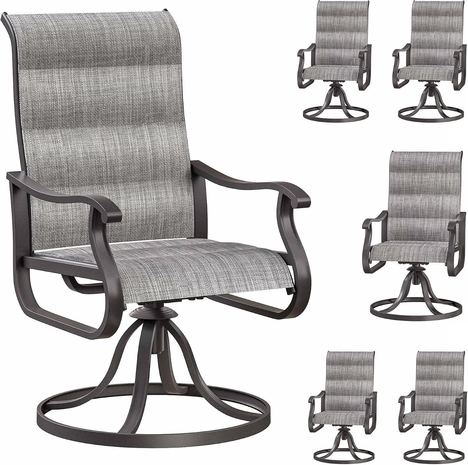 Light gray patterned high-back swivel patio chair with circular metal base shown large and five smaller views