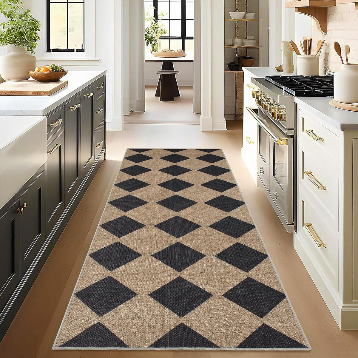 Long runner with dark diamond motifs placed between kitchen cabinets and appliances.