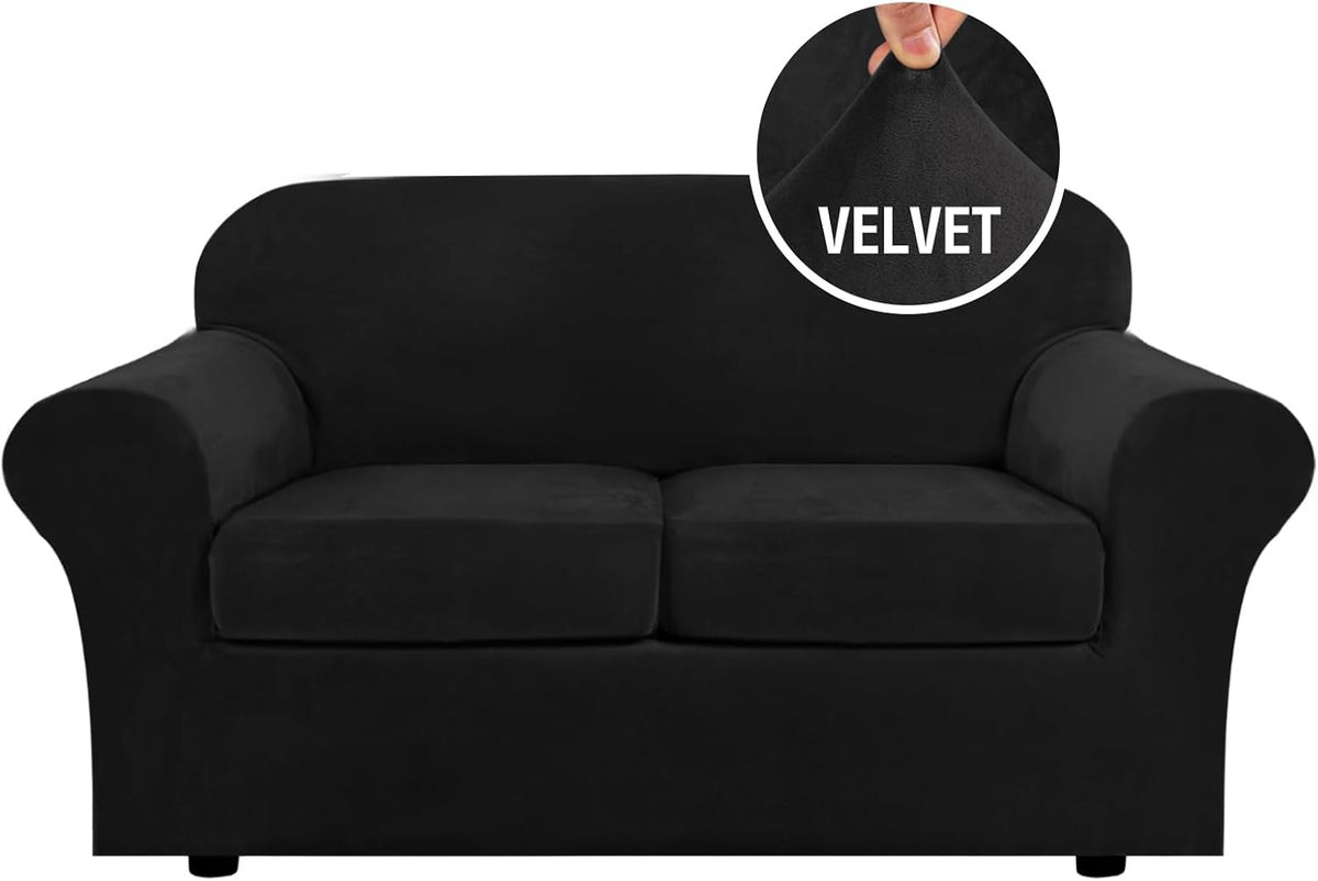 Front view of a two-seat sofa in black velvet cover with rounded arms and a circular fabric close-up at top right.