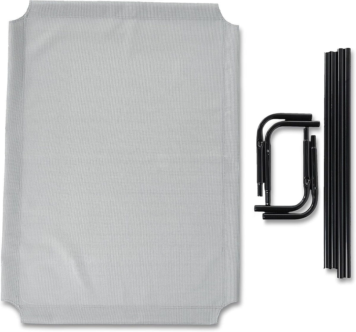 Flat lay of the grey mesh sleep surface alongside disassembled black iron frame components and legs for assembly
