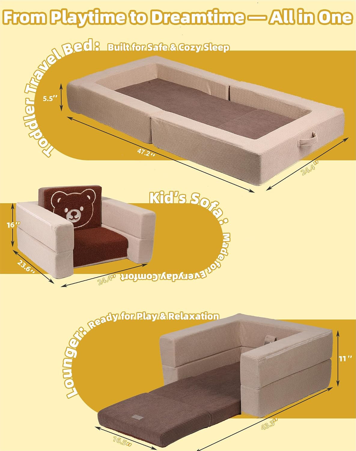 Graphic showing three product states—flat toddler bed, armchair with bear back, and open lounger—with arrows and