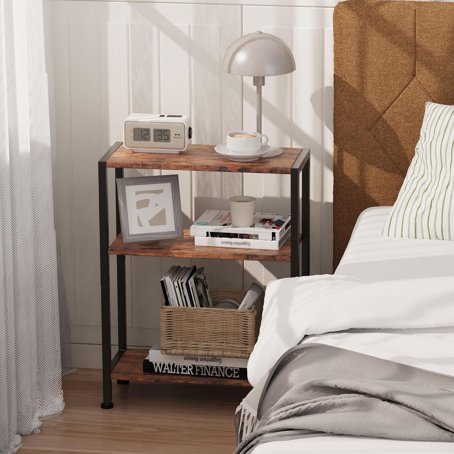 Rustic brown narrow side table staged as a bedside nightstand with lamp and clock on top