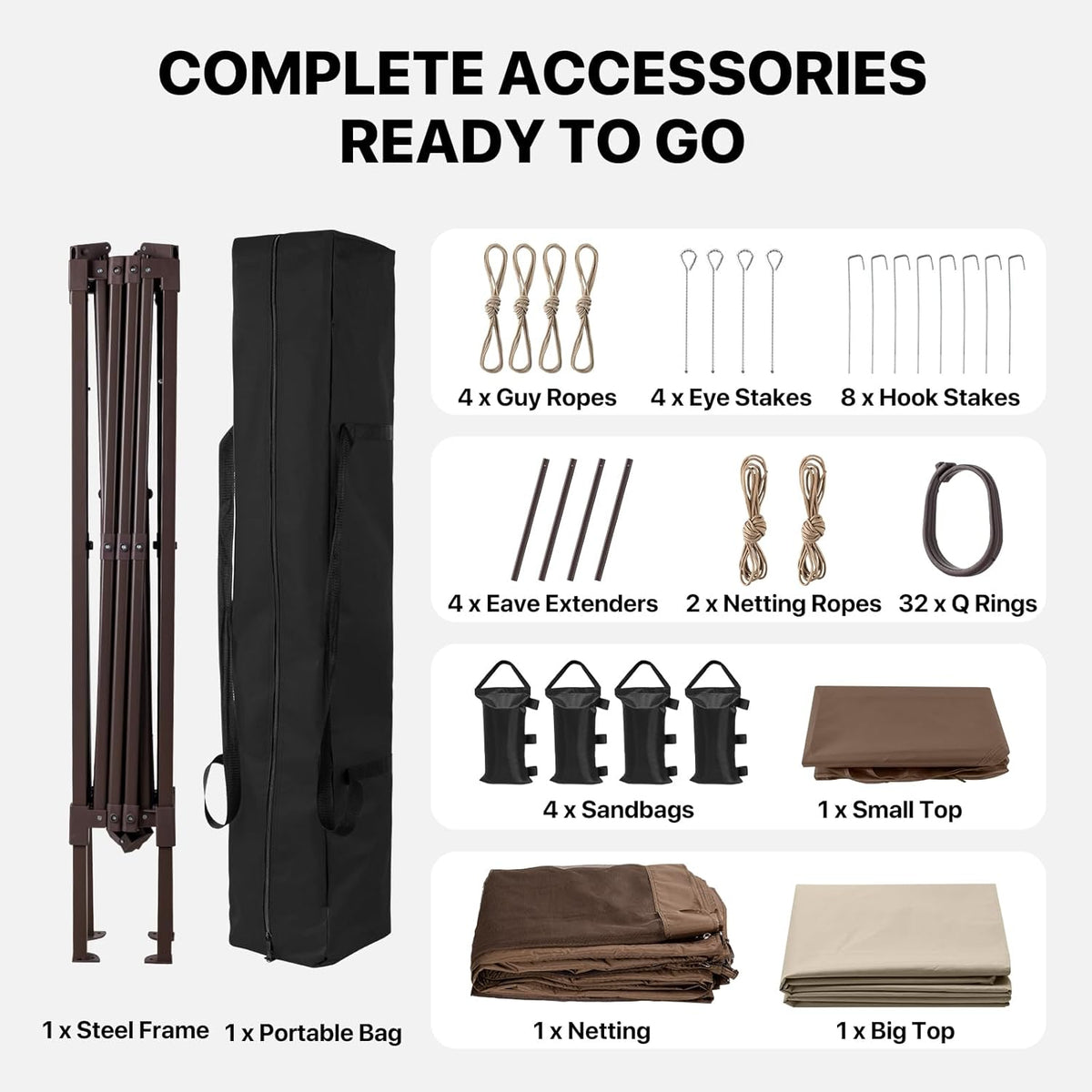 Flat-lay of folded steel frame, carrying bag and organized accessories in compartments.