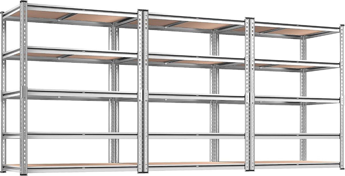 Angled front view of silver shelving showing MDF panels seated in metal frames.