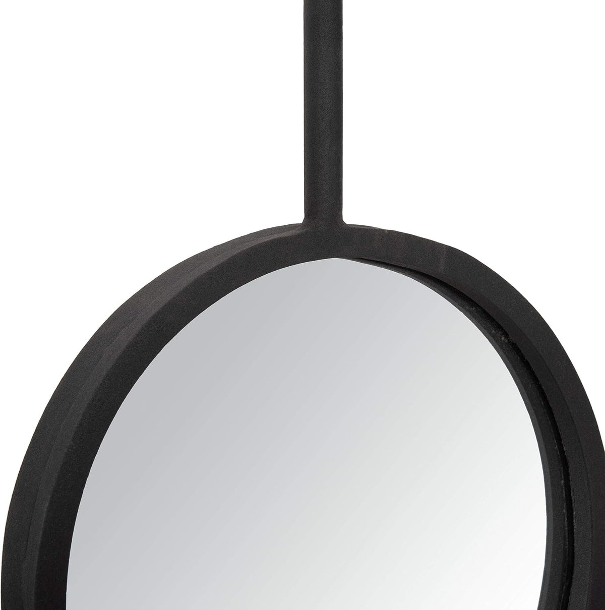 Macro view of the top mirror rim and connecting rod highlighting the textured black finish and mirror edge.