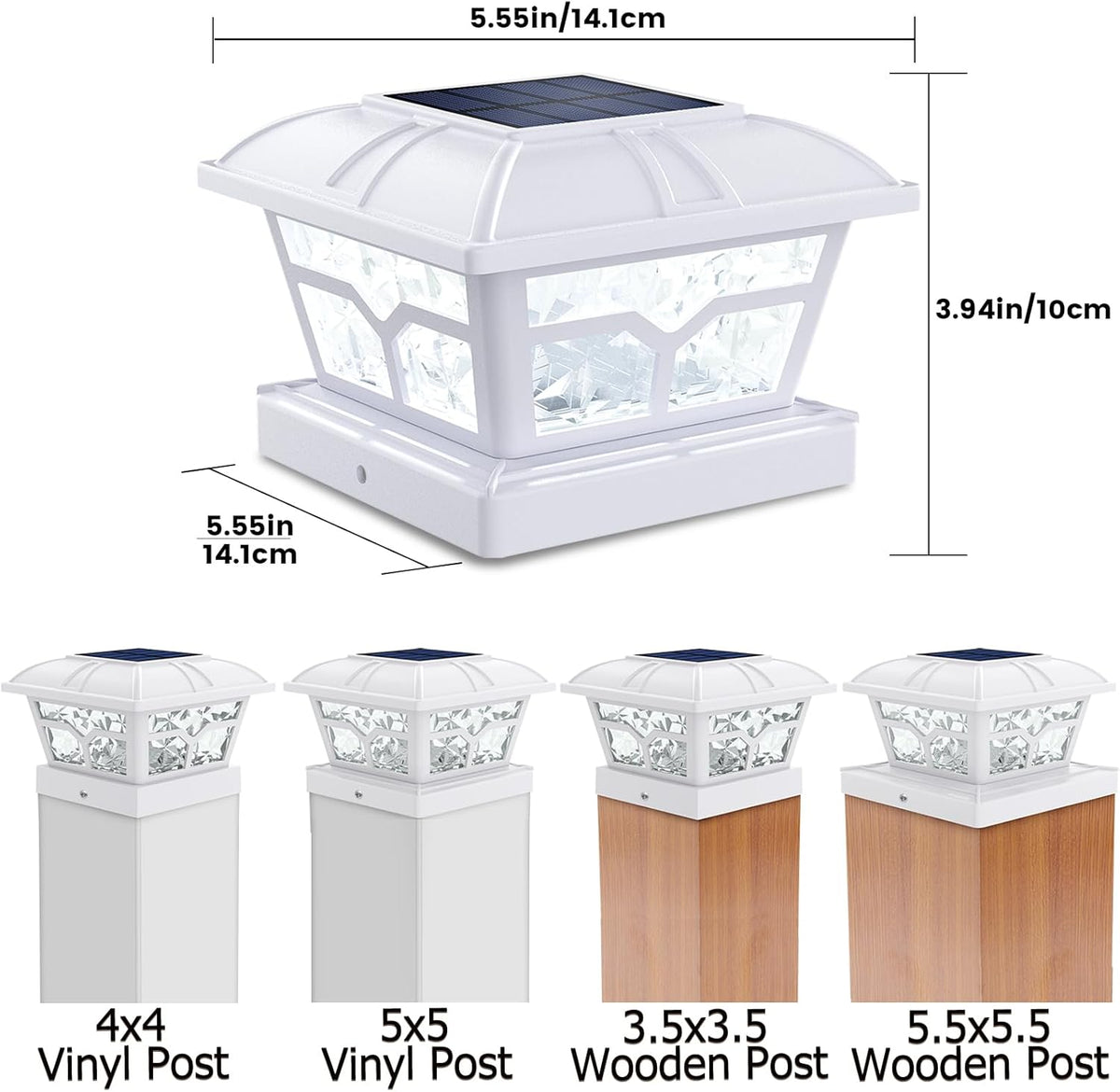 A white solar post cap light shown with measurement lines and examples mounted on vinyl and wooden posts.