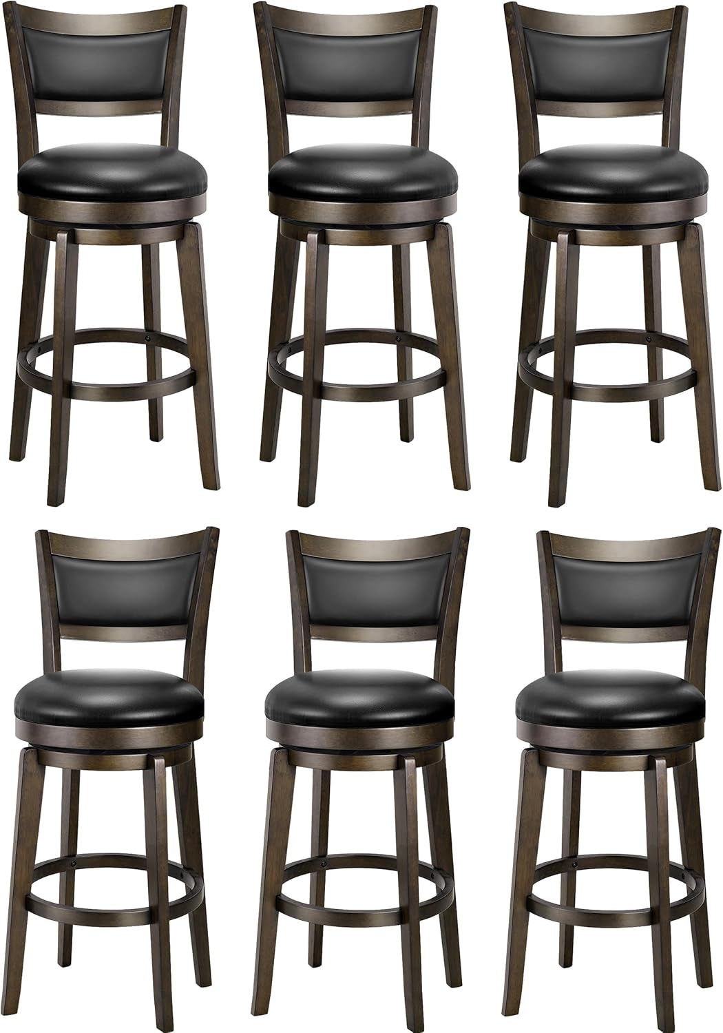 Six identical black swivel bar stools shown in two rows against a white background.