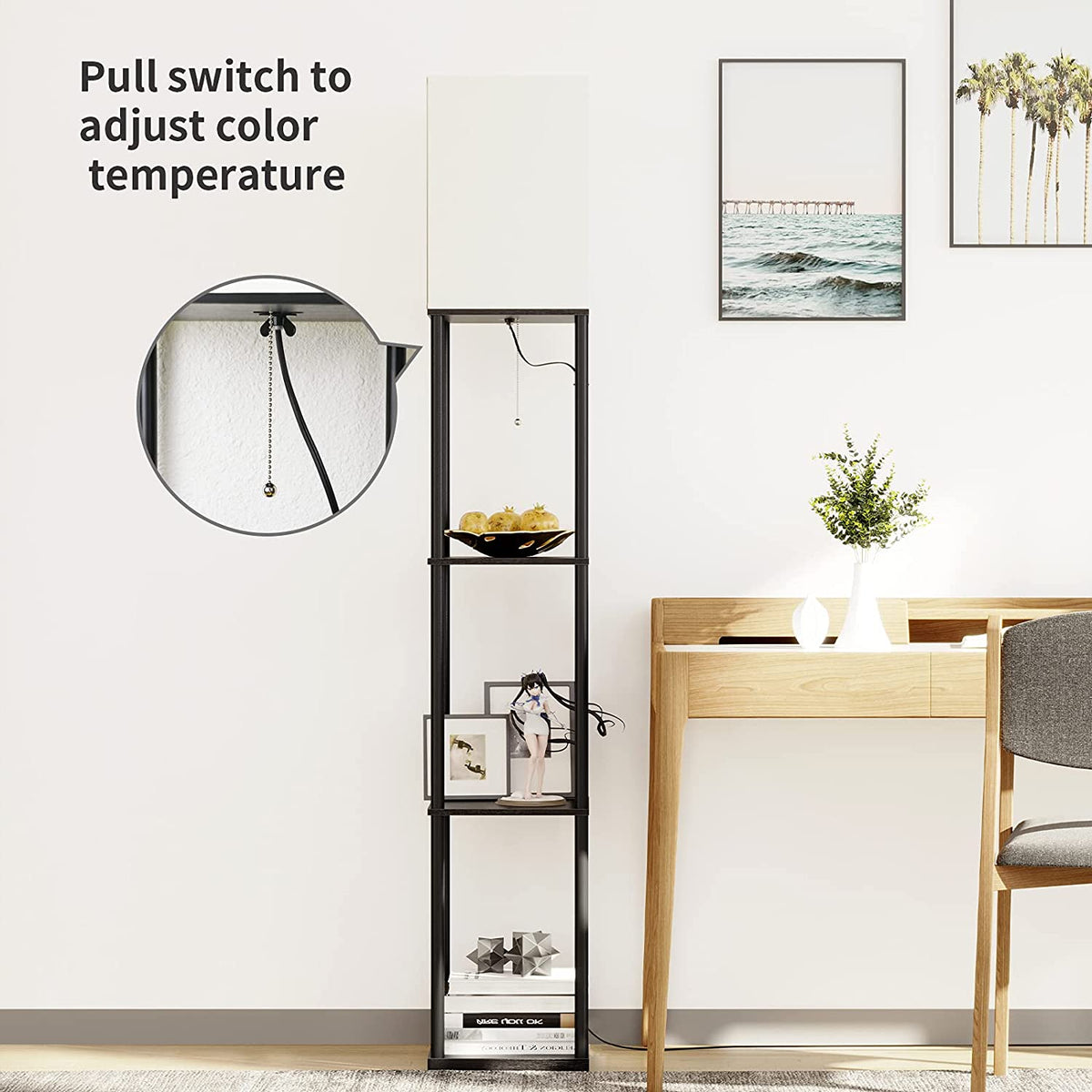 Close view of the lamp showing its pull-chain switch and four-tier shelving next to a desk