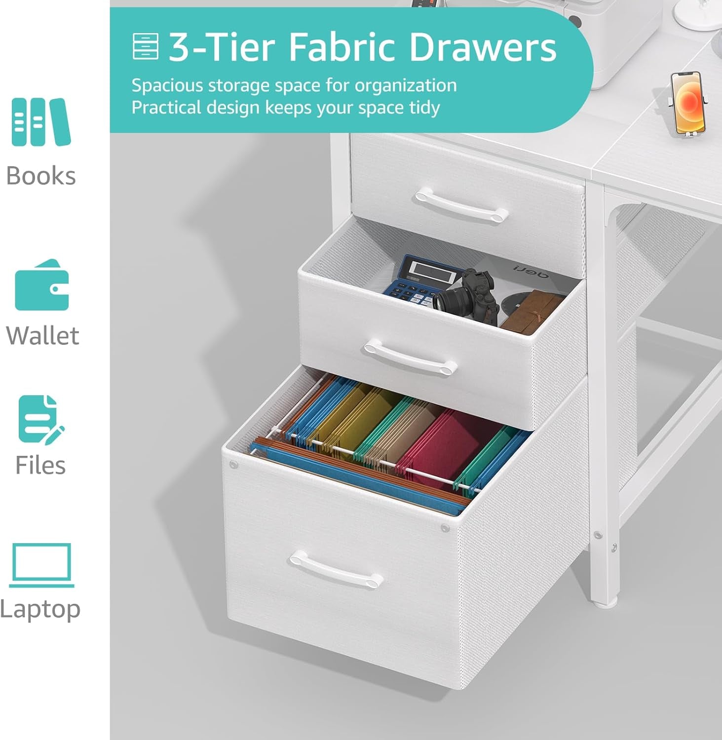 Close-up of the three-tier white fabric drawers showing the middle drawer open and bottom drawer with folders