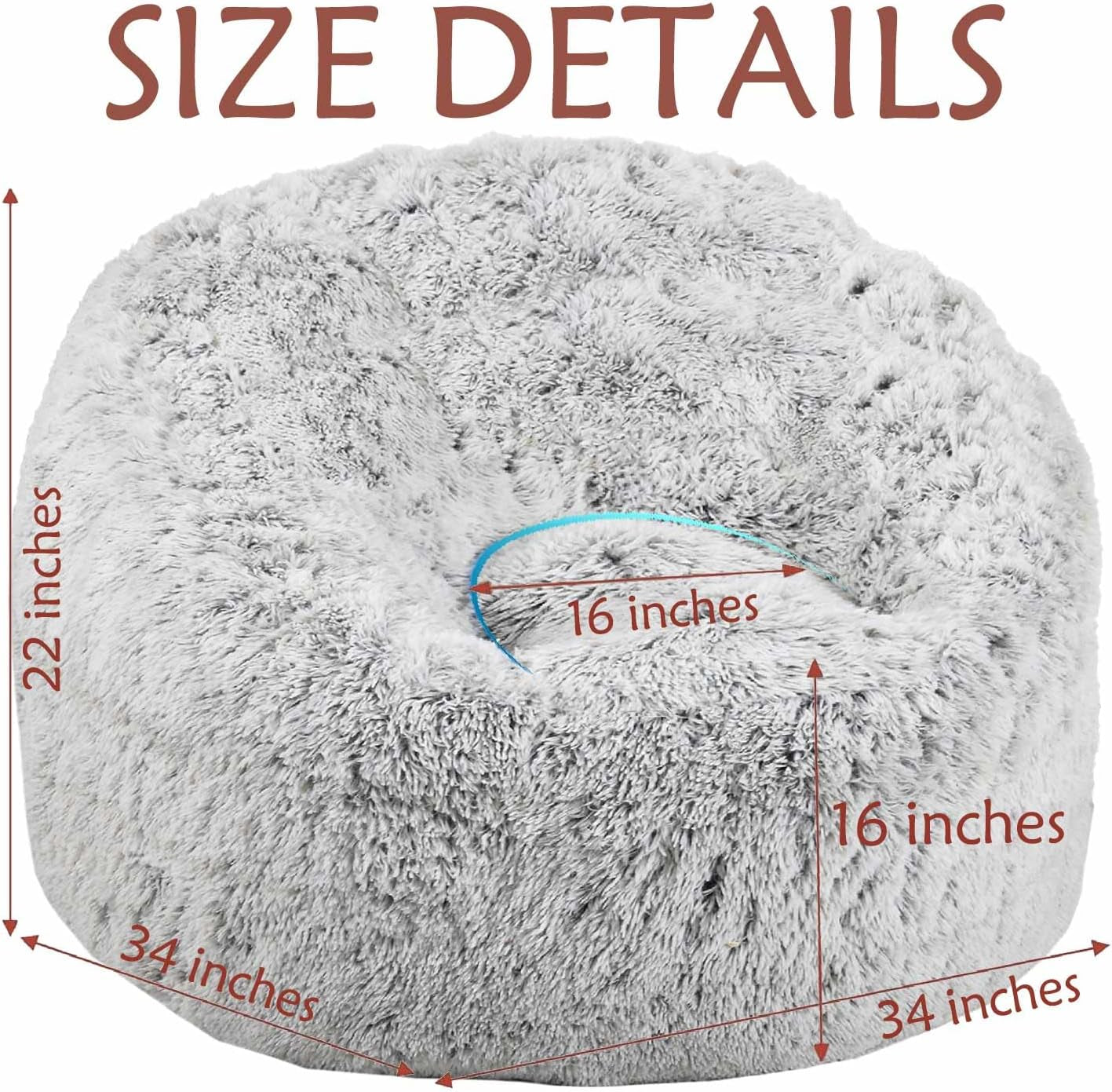Top-front view of the plush bean bag with overlaid measurement arrows indicating its dimensions.