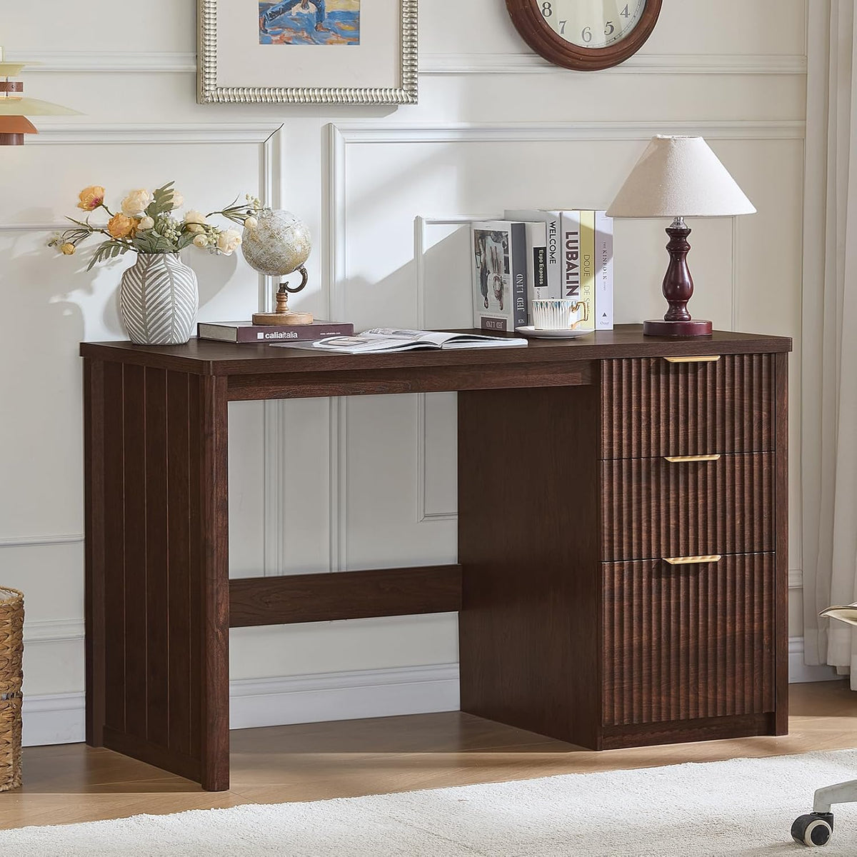 LEYAOYAO Office Desk 48" with 3 Drawers Storage File Cabinet | Wood Fluted Work Study Escritorio Desks for, gallery view 14