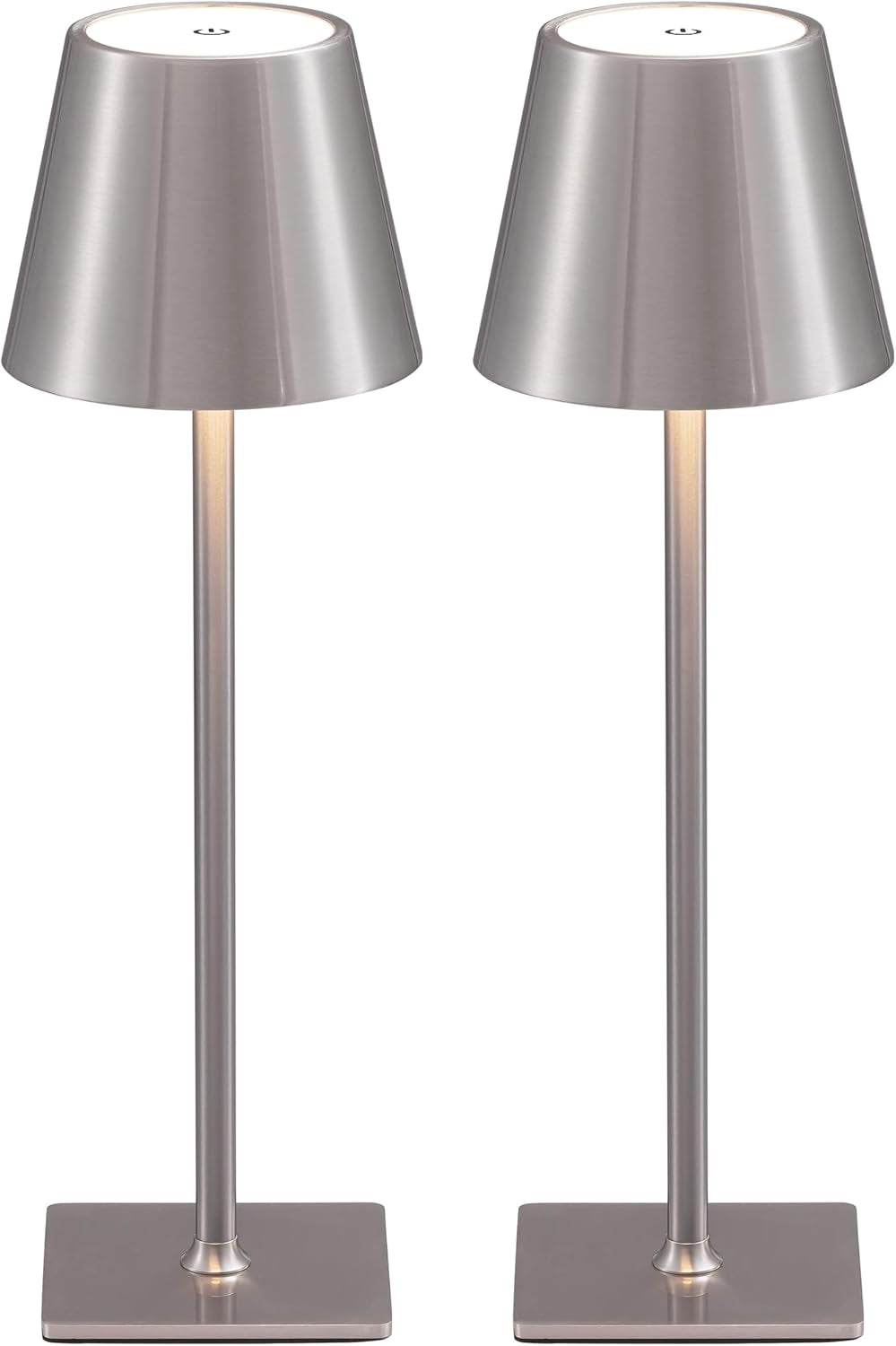 Two metallic silver cordless lamps showing reflective brushed finish on shades