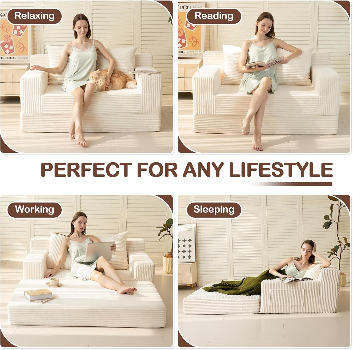 Boneless Loveseat Couch Folding Sofa Bed, Foldable Floor Futon Sleeper Couch Bed - Convertible Sofa Bed, Corduroy Pull Out Sofa Bed with 2 Pillows for Living Room & Bedroom