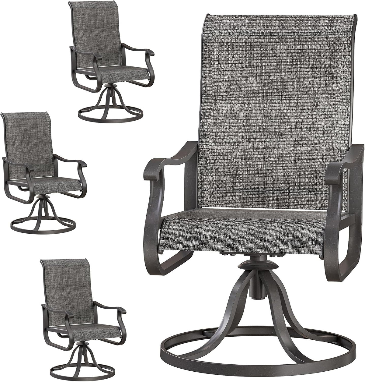 Single swivel outdoor chair in dark gray woven fabric shown large with smaller angle views