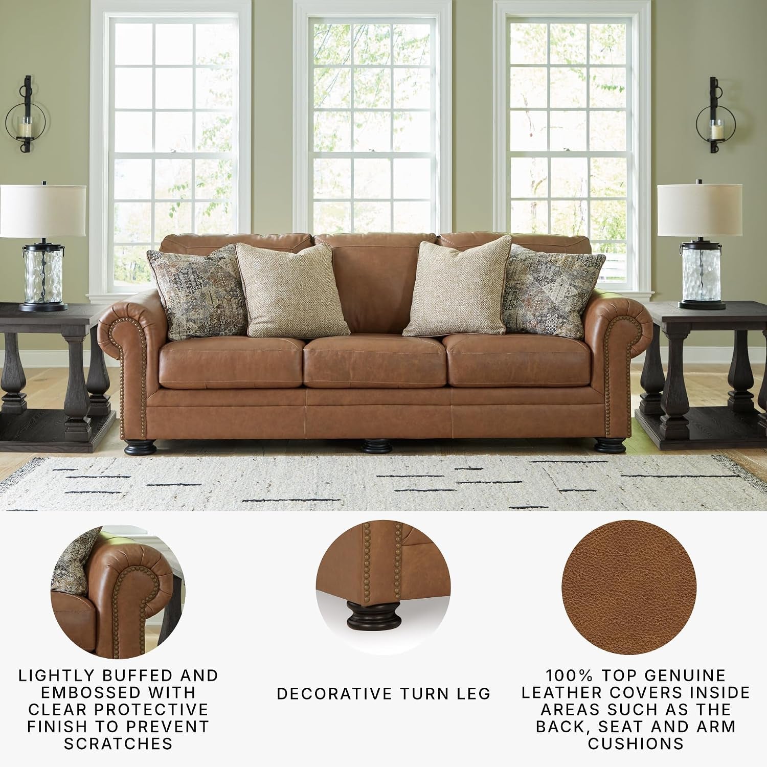 Signature Design by Ashley Carianna Leather Sofa for Living Room, Caramel | Top-Grain Leather Touchpoints, Sag-Resistant Platform Foundation, Classic Rolled Arms with Nailhead Trim