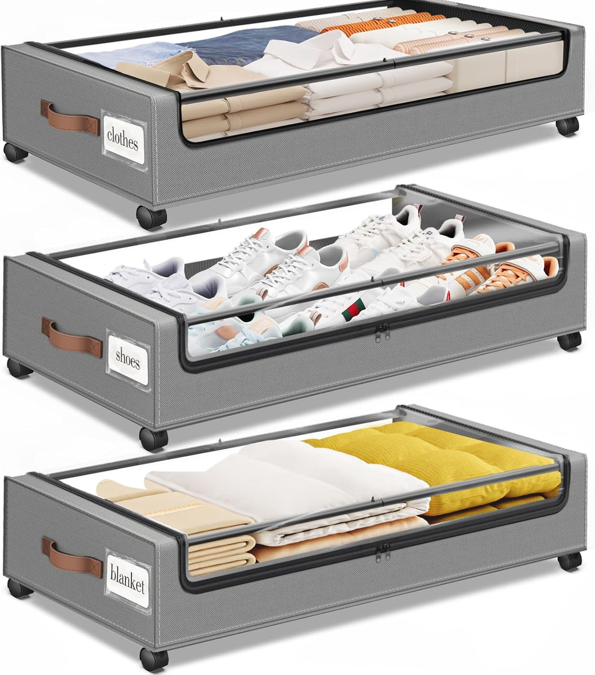 Low-angle composite showing gray underbed boxes; foreground box displays a yellow quilt and folded linens under the clear