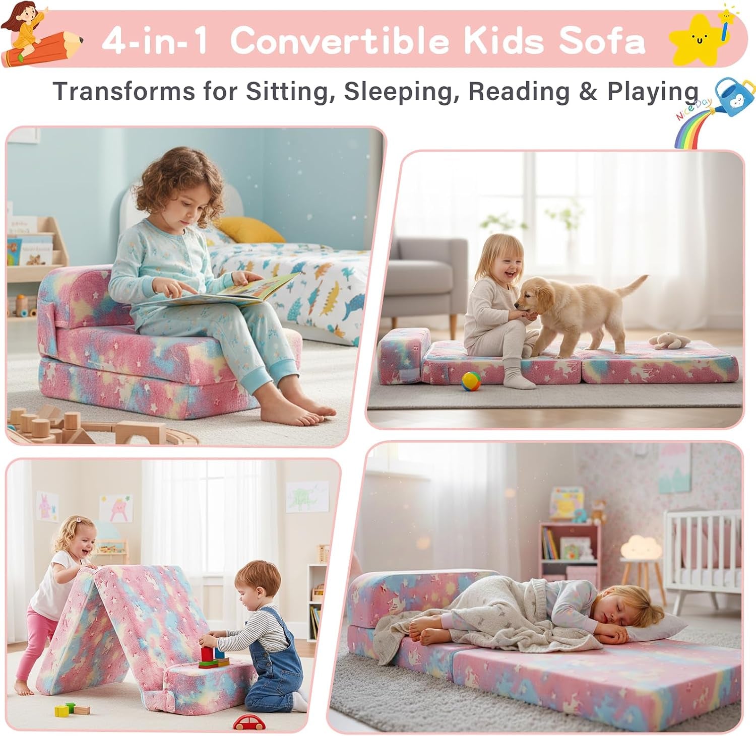 Four lifestyle scenes of kids using the pink unicorn convertible sofa as a reading chair, play mat, play tent and sleeping