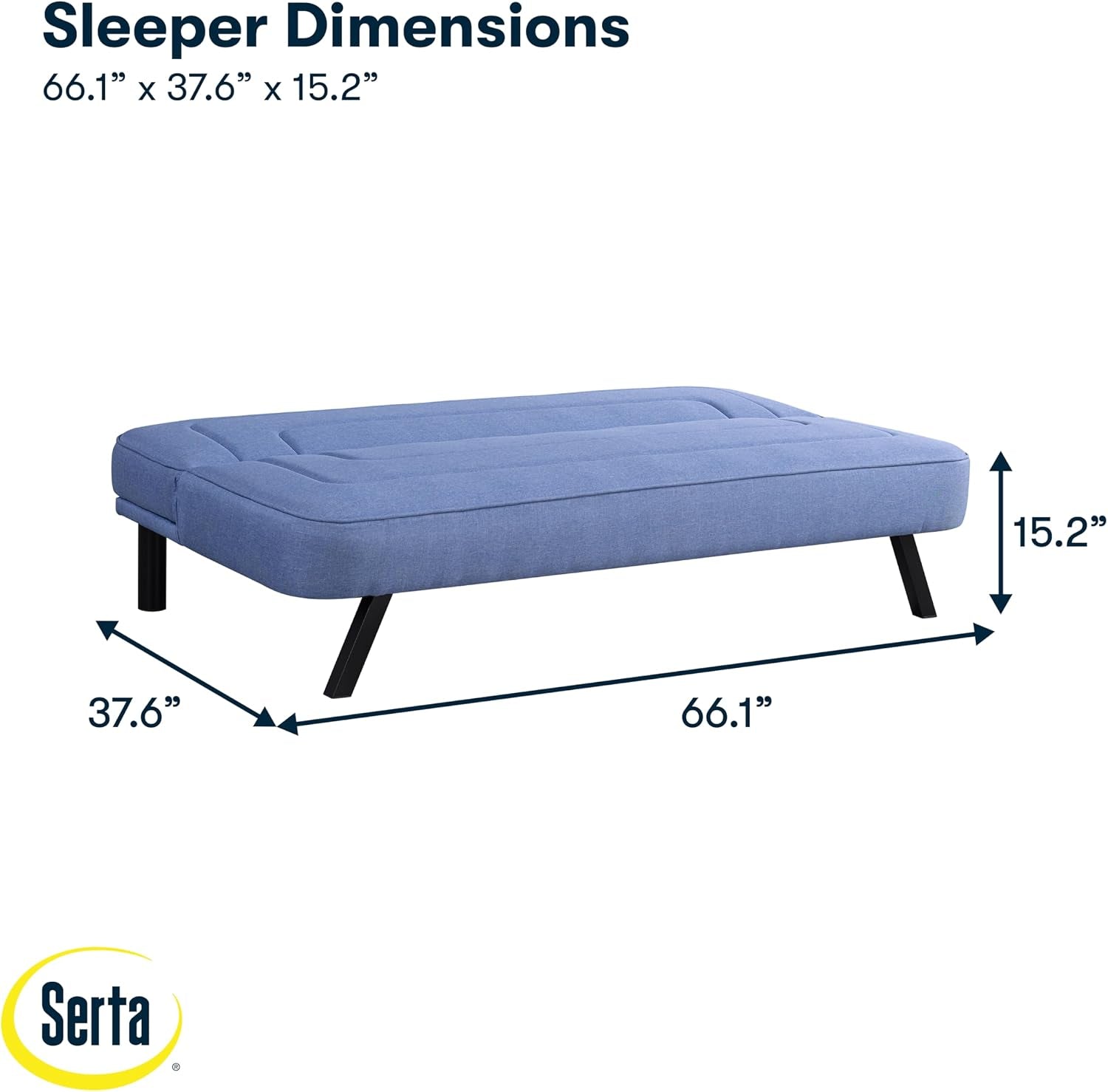 Blue futon shown as sleeper with dimension annotations 66.1 x 37.6 x 15.2 inches