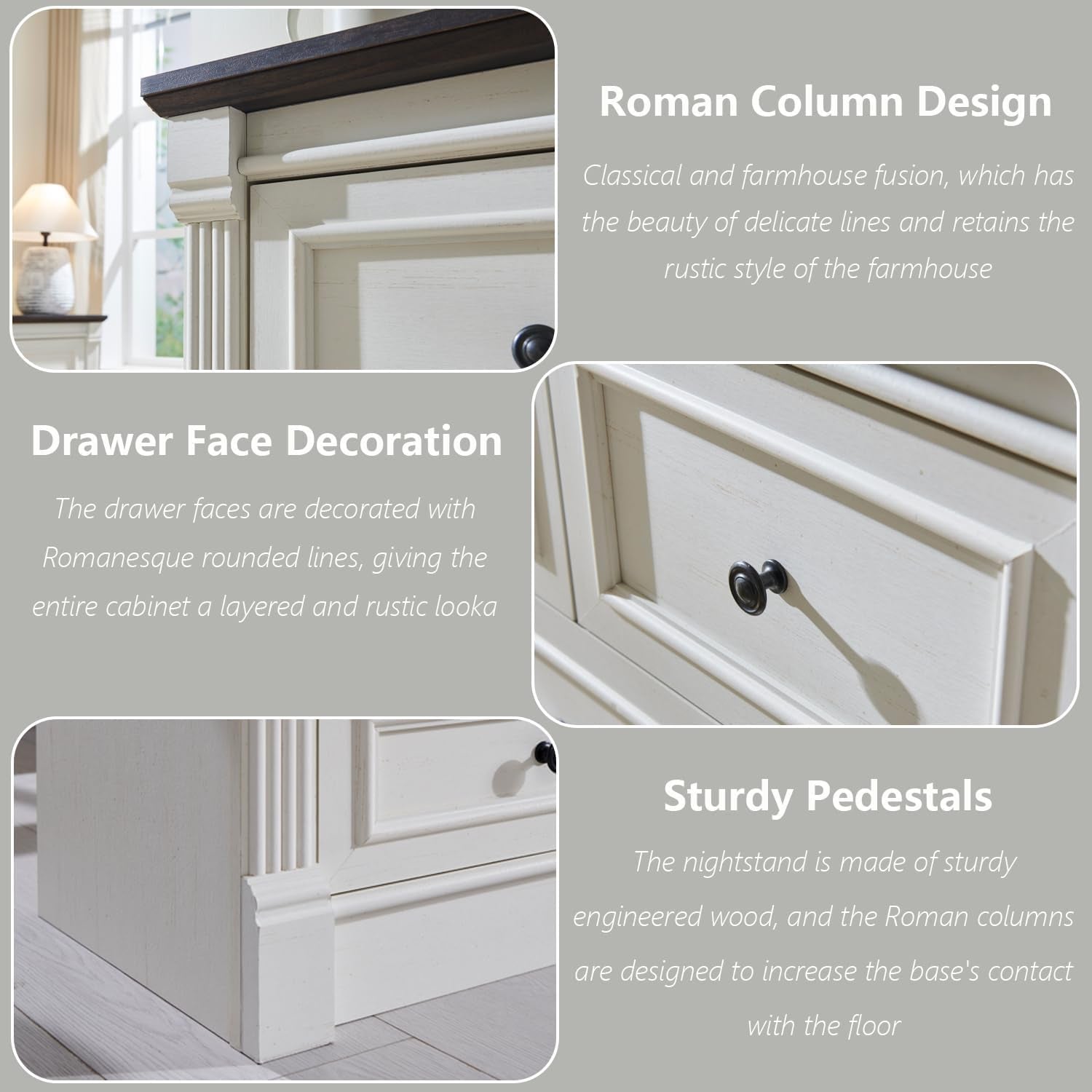 Close-up collage showing Roman column leg detail, drawer face trim, and the dresser base pedestal