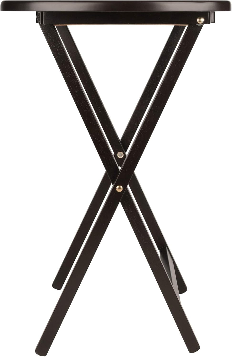 Close side view of a single black foldable table showing crossed wooden legs and rounded top edge