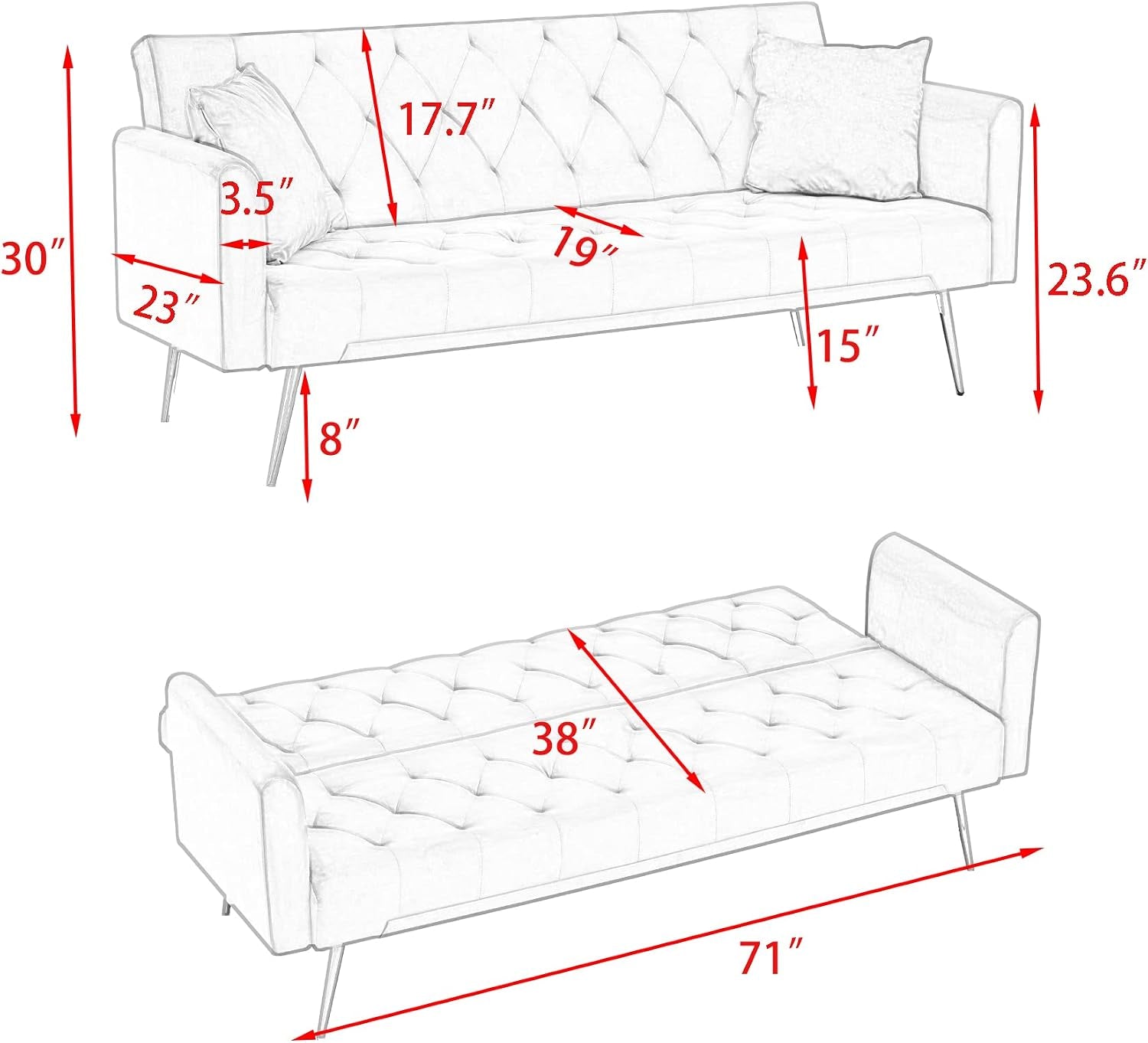 Line drawing with red measurements showing sofa and bed dimensions including 71" length and 38" bed depth