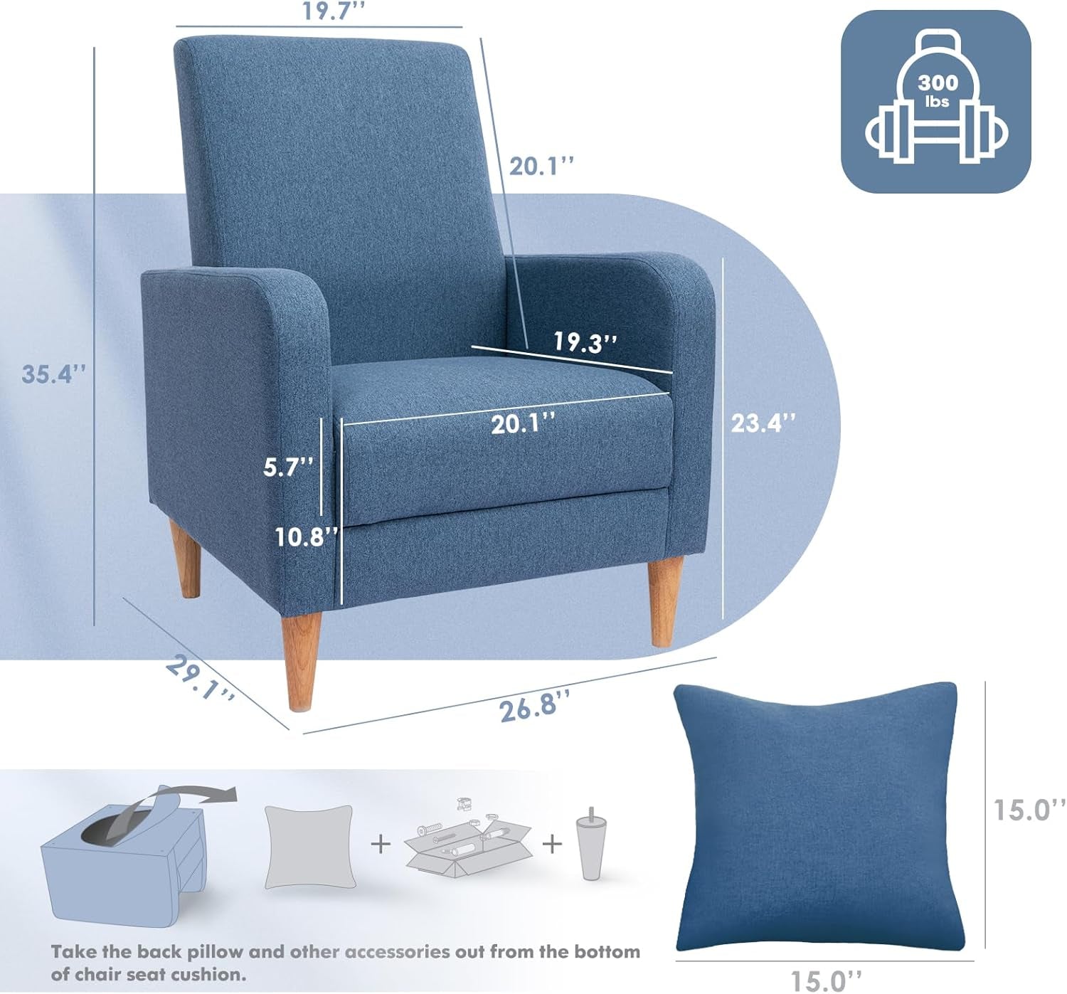Front-angled diagram of the blue accent chair with measurement lines and a separate square pillow illustration.